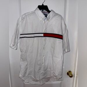 Tommy Hilfiger Men’s White Button Down Shirt with Red and Black Stripe Size XL
